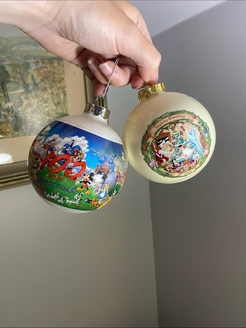 Disney Holiday Ornament Pair - Vintage Illustrated Glass Baubles - 100 years